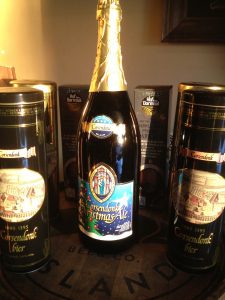 A bottle of champagne on a tray.