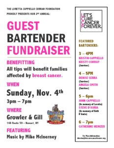 A flyer for the guest bartender fundraiser.