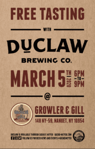 Free tasting event with DuClaw Brewing Co.
