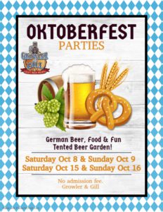 Oktoberfest party flyer with beer and pretzels.